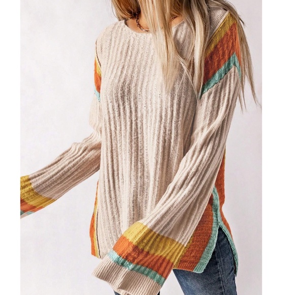 03 Cozy Color Block Loose Fit Sweater Top - Picture 4 of 8